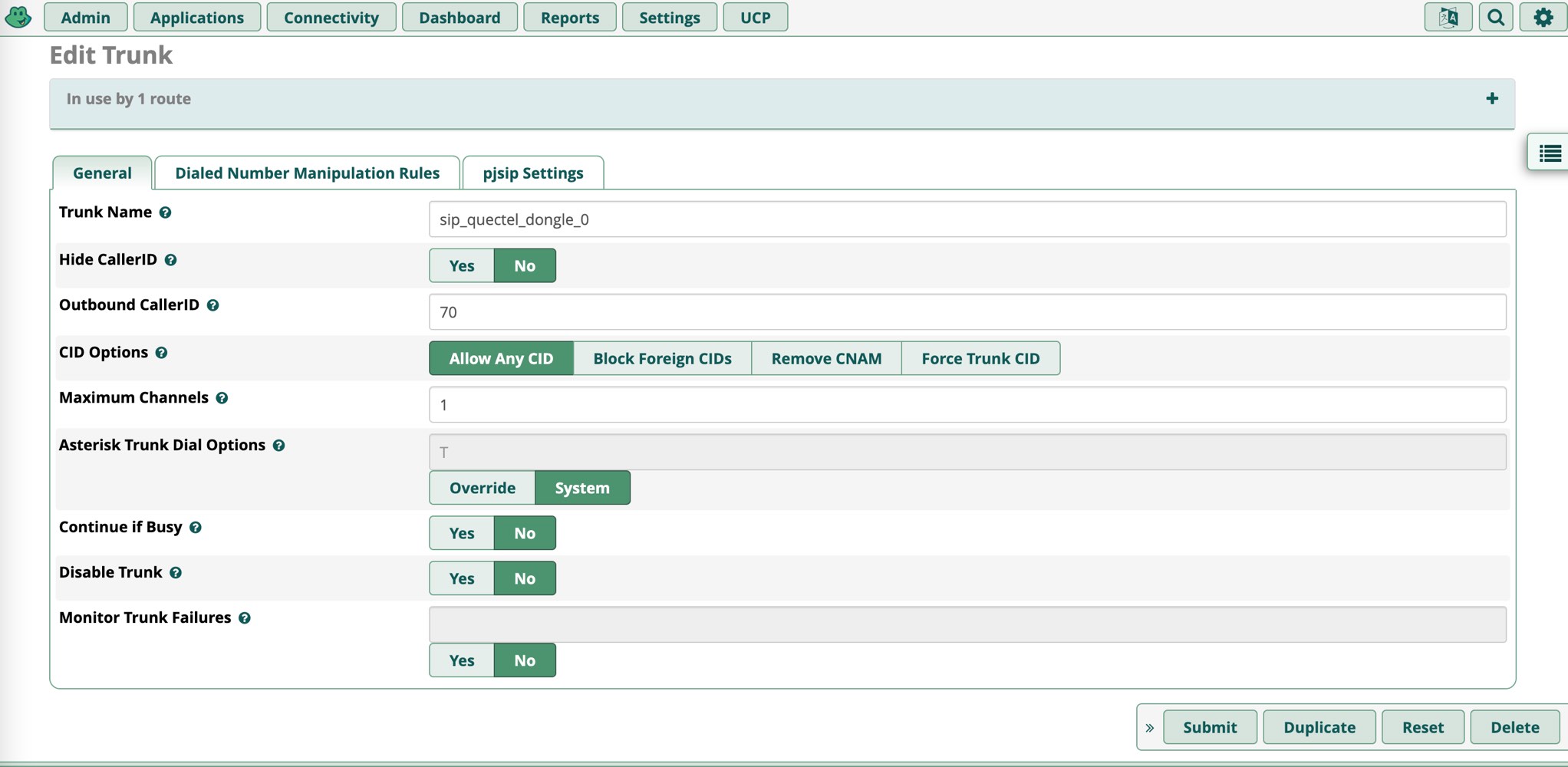 名字随意，outbound CallerID改成asterisk虚拟机那边设置的数值（70）